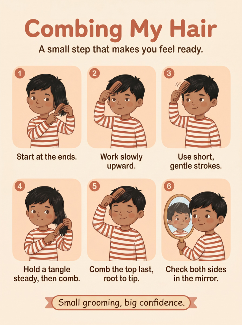 An illustrated Combing My Hair page from Raising Capable Kids