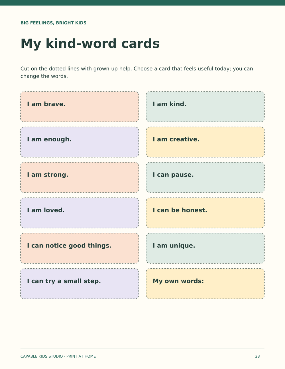 The included printable kind-word cards