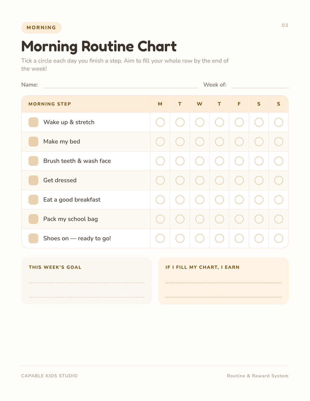 A page from the included Routine and Reward System showing the Morning Routine Chart